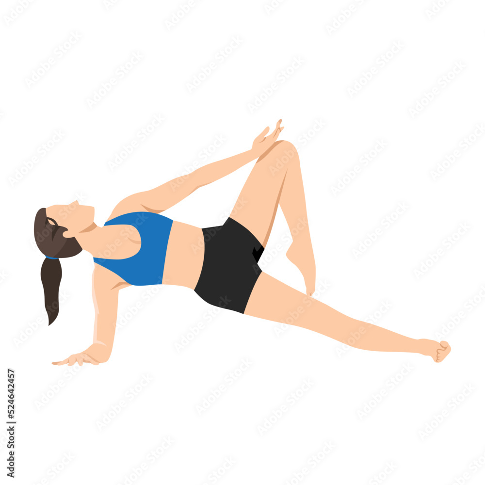 Woman doing Side plank with tree legs exercise. Flat vector illustration isolated on white background
