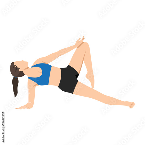 Woman doing Side plank with tree legs exercise. Flat vector illustration isolated on white background