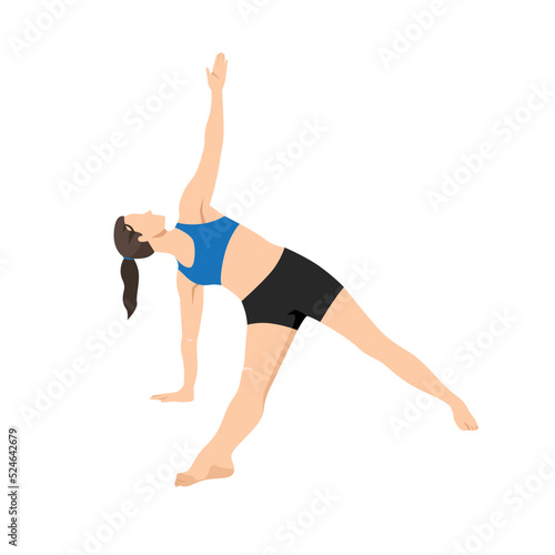 Woman doing Fallen triangle side plank exercise. Flat vector illustration isolated on white background
