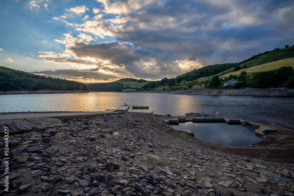 LadyBower Reservoir at Low water level in the Peak District, Derwent Valley, Derbyshire, England