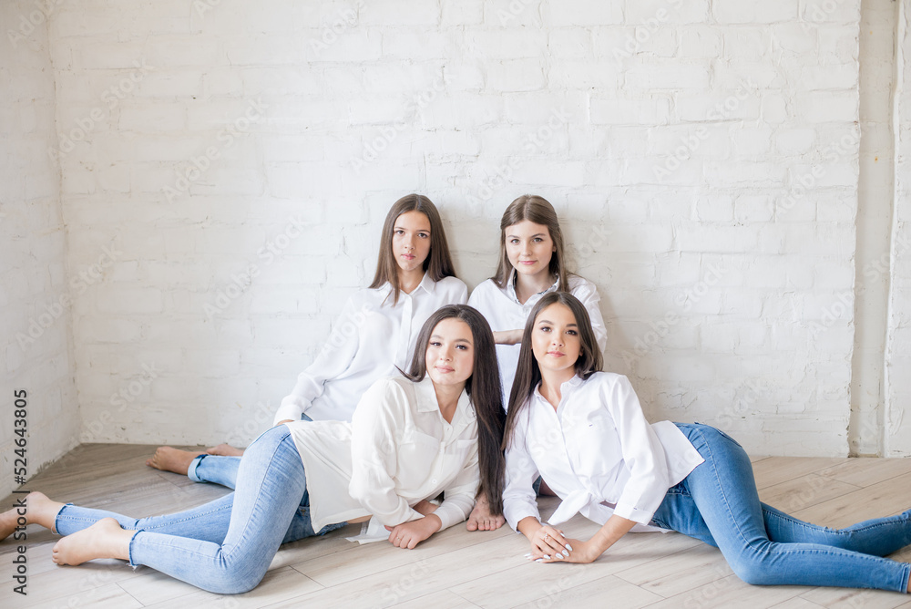 Pretty teenage girls models in trendy jeans and white shirts in the studio against the background of a white brick wall. Teenage fashion. beauty and fashion
Pretty teenage girls models in trendy jeans and white shirts in the studio against the background of a white brick wall. Teenage fashion. beauty and fashion