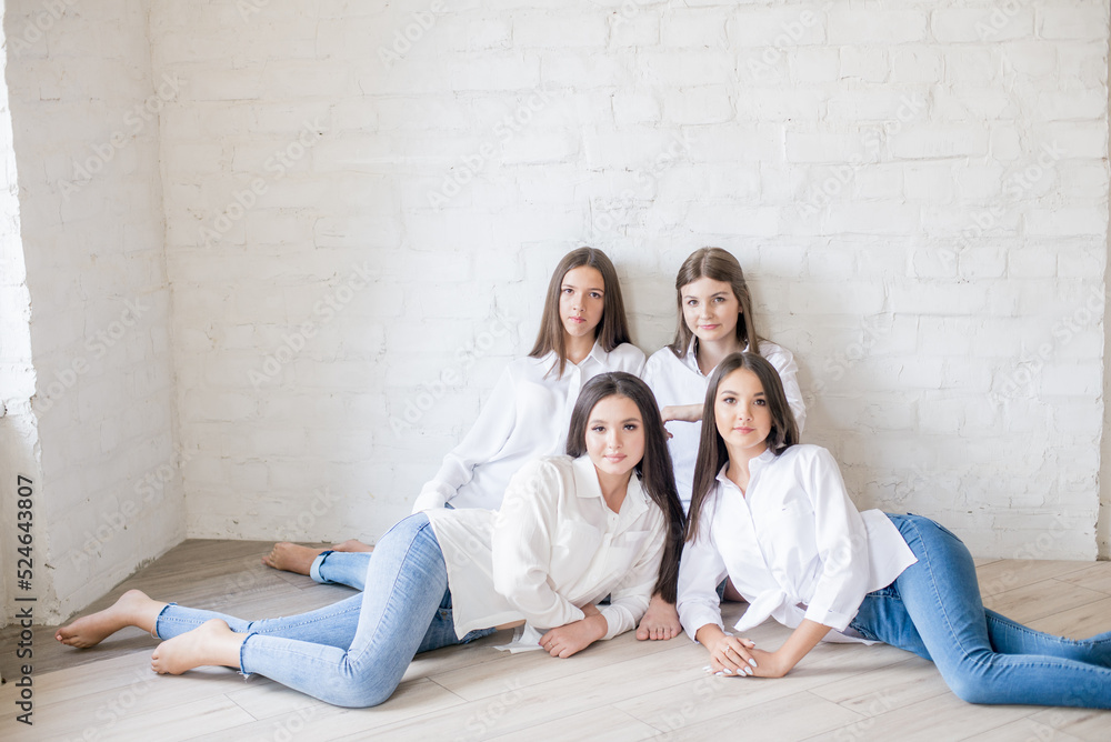 Pretty teenage girls models in trendy jeans and white shirts in the studio against the background of a white brick wall. Teenage fashion. beauty and fashion Pretty teenage girls models in trendy jeans and white shirts in the studio against the background of a white brick wall. Teenage fashion. beauty and fashion