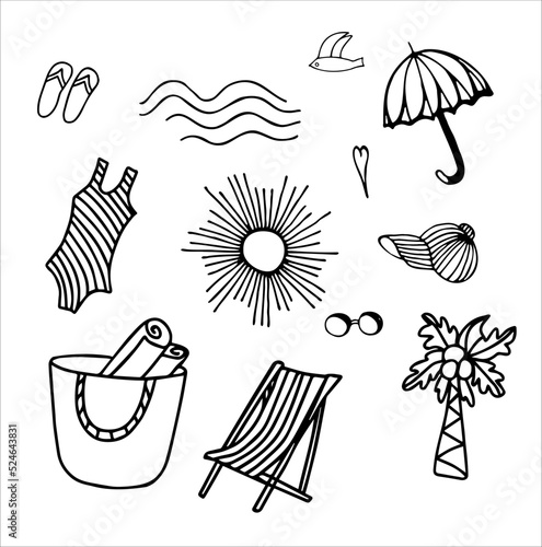 A set of vector elements and icons on a beach and summer theme: chaise longue, umbrella, swimsuit, cap, bag, towel, sun, waves, glasses, seagull, slates. Sketch, logo, icons, clipart, templates.