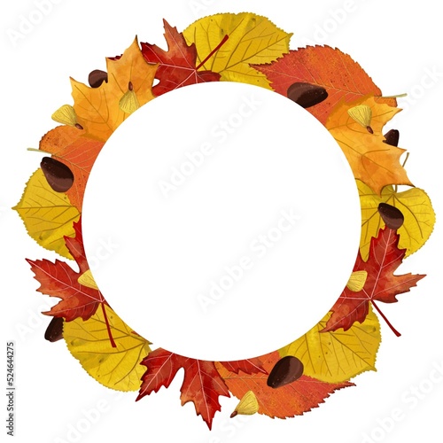 Round frame from autumn leaves on a white background.