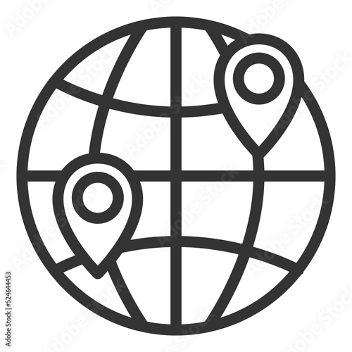 Globe and two location signs - dispatch and delivery - icon, illustration on white background, outline style