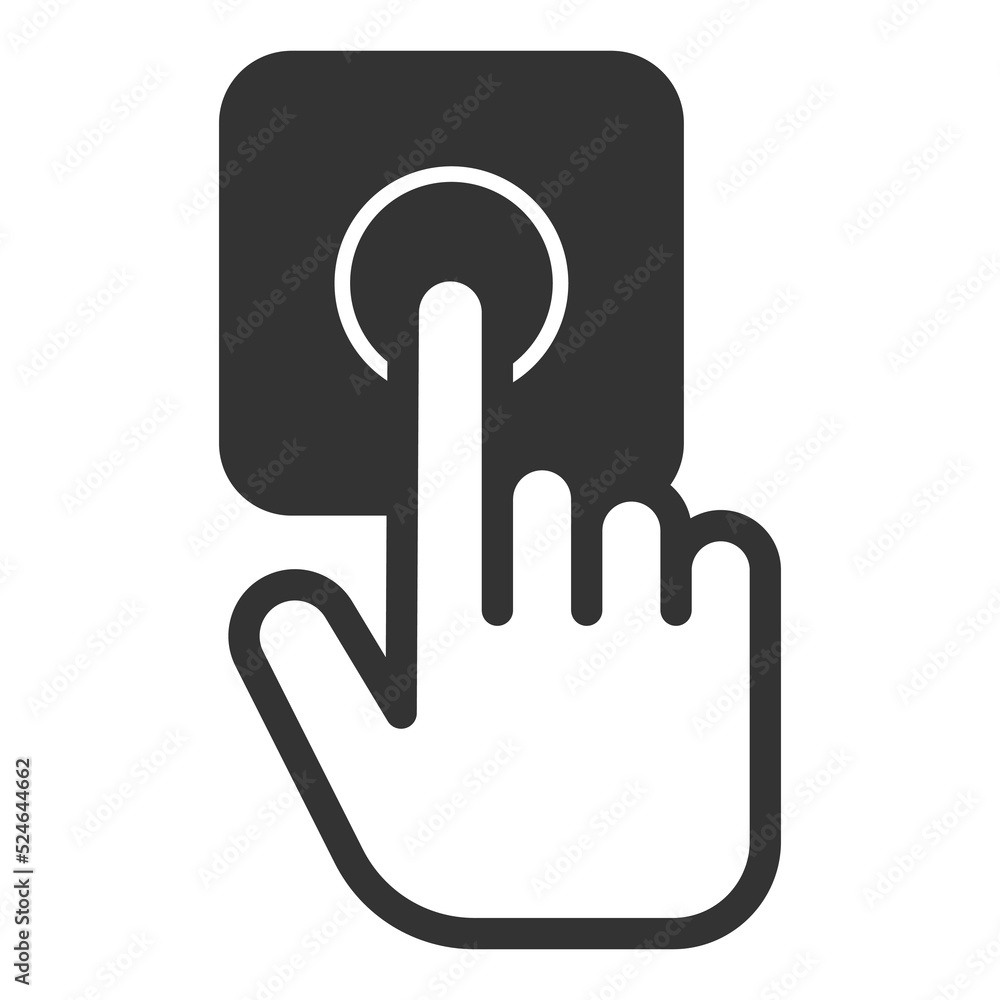 The hand presses the bell, the parcel was delivered to the addressee to the door - icon, illustration on white background, glyph style - obrazy, fototapety, plakaty 