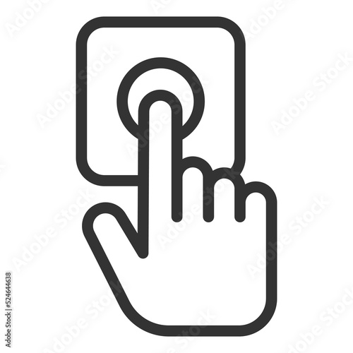 The hand presses the bell, the parcel was delivered to the addressee to the door - icon, illustration on white background, outline style