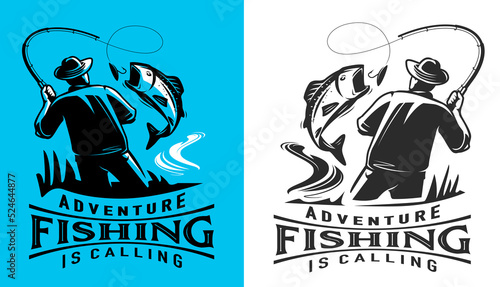 Fishing, adventure is calling. Fisherman caught big fish on spinning rod with bait. Outdoor recreation vector