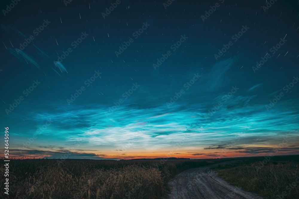 Amazing Rotate Stars Effect In Sky. Soft Colors. 6k Unusual Cloud And Stars Effects Above Countryside Rural Field Landscape With Young Wheat Sprouts. Night Blue Sky. , .