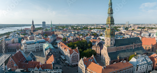 Beautiful aerial view of Riga city, the capital of Latvia. Aerial view of the St. Peter's Church in the center of the old town.