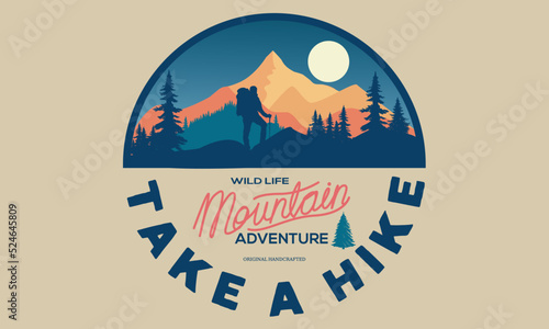 Mountain adventure graphic print vector design for t shirt, poster, sticker and others. Forest  design.