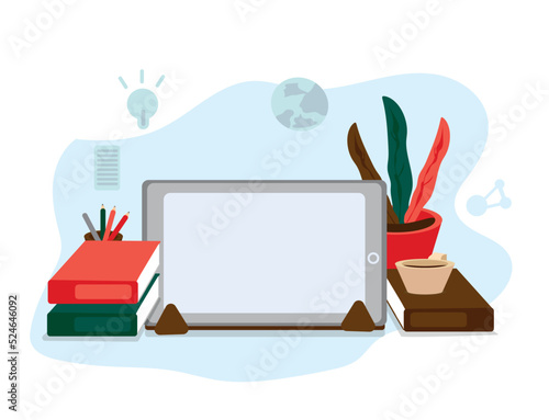 A simple and need-oriented office desk. What digital life brings to our lives. Technology and office life concepts. A planned business life. Digital library