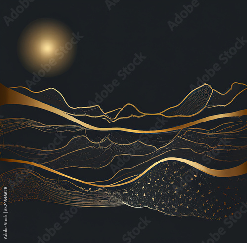 Golden mountains flat background, landscape art design in minimalist style with gold lines. Sun or moon mountains, hills, golden lines. luxury print for poster, card, canvas, cover, banner, fabric.