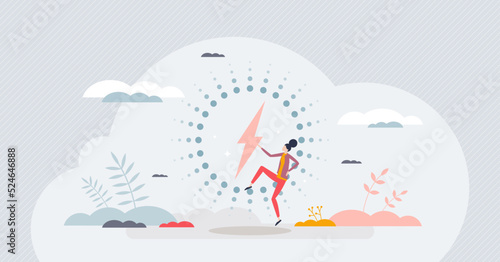 Wireless electricity with power charging without cable tiny person concept. Voltage network for smart devices and IoT equipment vector illustration. Round modern accumulator charge lightening sign.