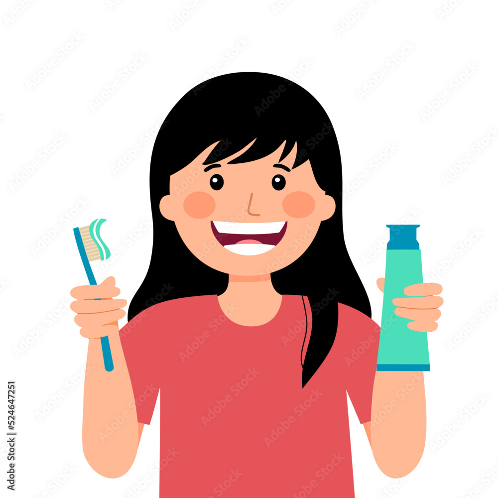 Children girl brushing teeth in the bathroom in flat design. Kids cleaning teeth to prevent tooth decay. Dental care. Children girl brushing teeth in the bathroom in flat design. Kids cleaning teeth to prevent tooth decay. Dental care.