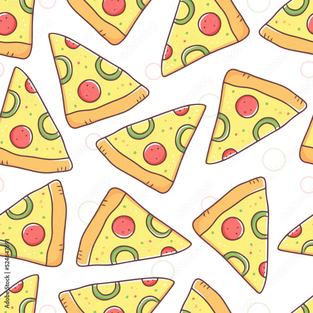Seamless pattern with pizza in the doodle style. Vector illustration background.