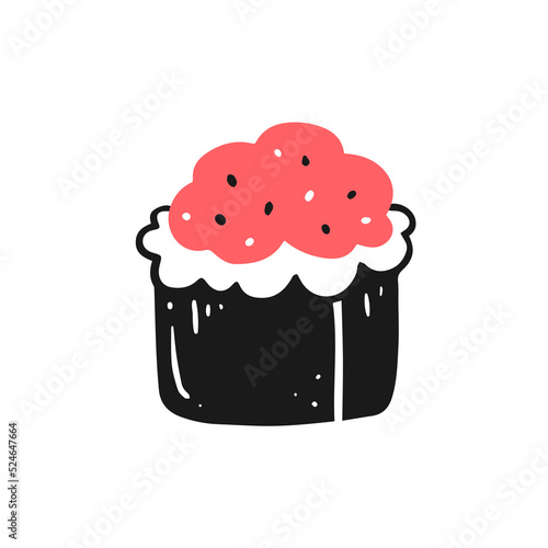 Sushi roll with red caviar in doodle style. Vector isolated illustration of Japanese cuisine.