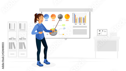 A business woman is giving a conference in her office and informing about the progress. Business training, courses, company status review concept. Business and company life. 