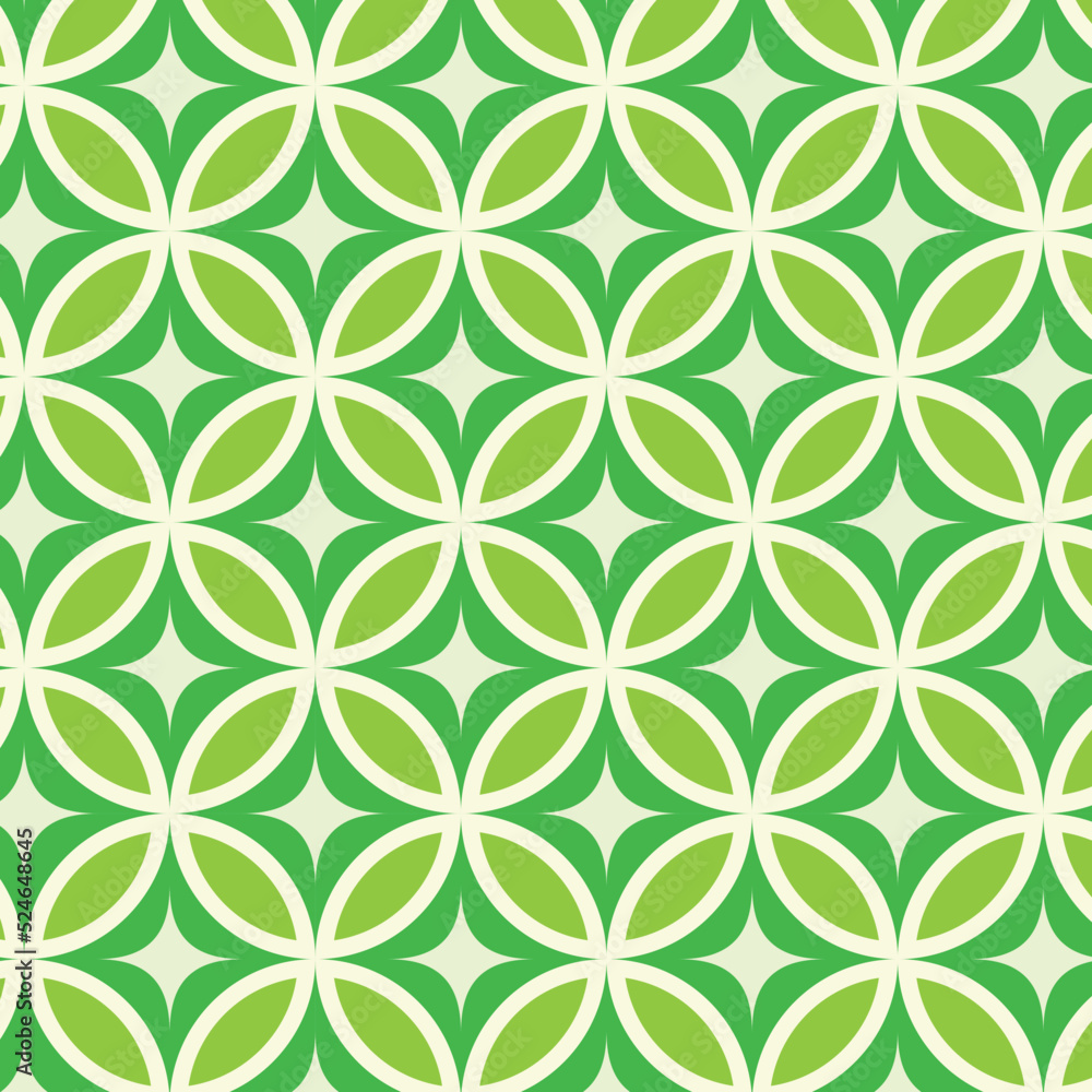 Mid century modern dark green starbursts on lime green circle leaves  seamless pattern. For home décor, textile, fabric and wrapping paper  
