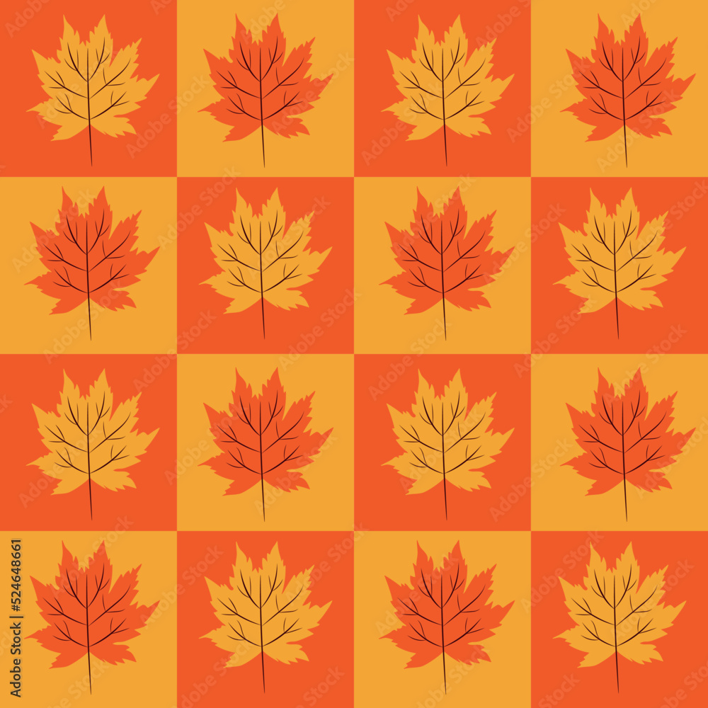 Beautiful maple leaves on orange and yellow checkerboards seamless pattern .For autumn and Thanksgiving posters, fabric , textile and wrapping paper 