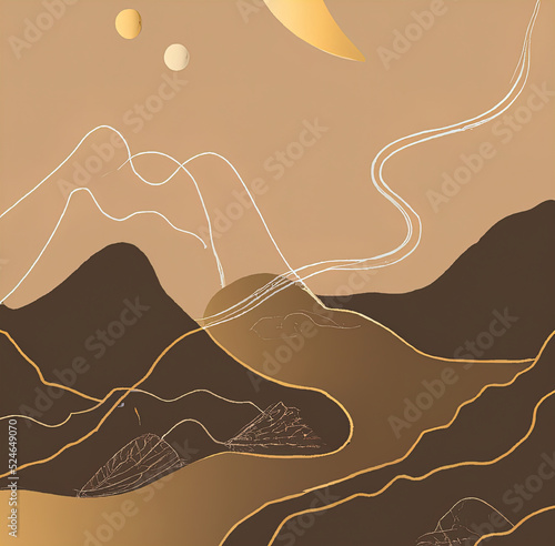 Golden mountains flat illustration, landscape art design in minimalist style with gold lines. Sun or moon mountains, hills, golden lines. luxury print for poster, card, canvas, cover, banner, fabric.