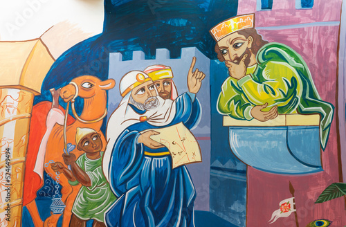 FORLÍ, ITALY - NOVEMBER 11, 2021: The modern fresco of Tree Magi before Herod...