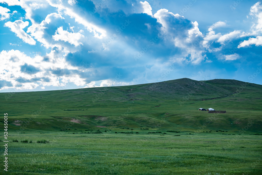 landscape with mountains and blue sky in Mongolia