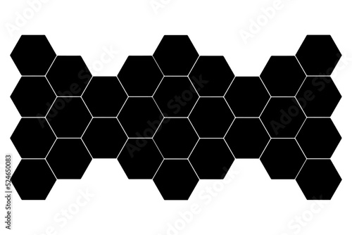 Black hexagon, honeycomb, design element, shapes, pattern with no strokes. Asset for photo collection, collage, template, frame, overlay, montage. Transparent wide panorama background..
