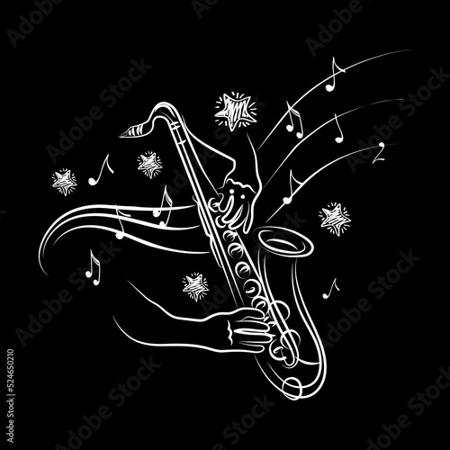Set of musical elements for the jazz image. Inspirational saxophone playing, hand-drawn doodle. Flying notes and stars. Music. Inspiration. Isolated vector illustration.