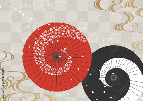 赤と黒の和傘と金の波と桜の花びら和柄