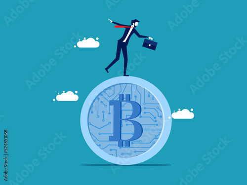 Maintain financial balance. Businessman standing on digital coin vector