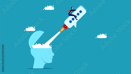 Communication and messaging. Businessman sitting on a balloon speech bubbles rocket out of head vector