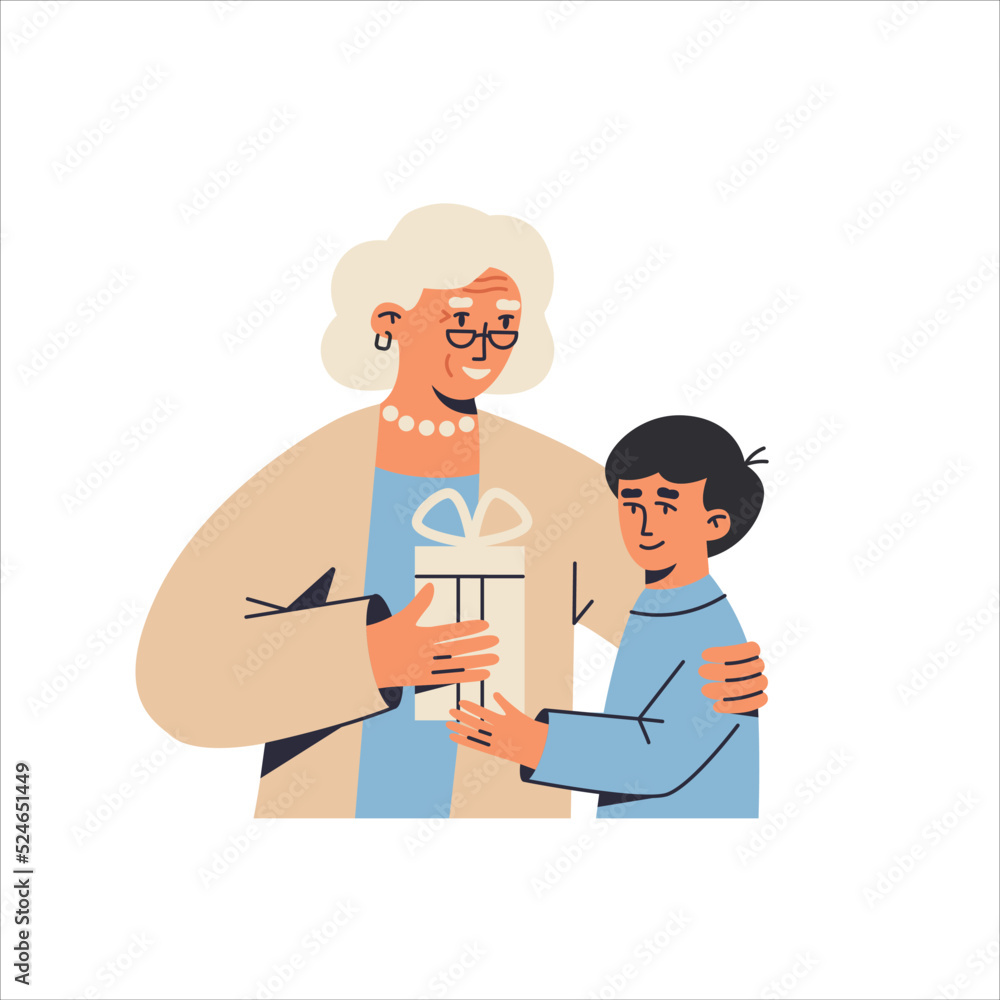 Grandson and grandmother with a gift for a holiday. Happy people gives and receives presents. Grandson and grandmother with a gift for a holiday. Happy people gives and receives presents.