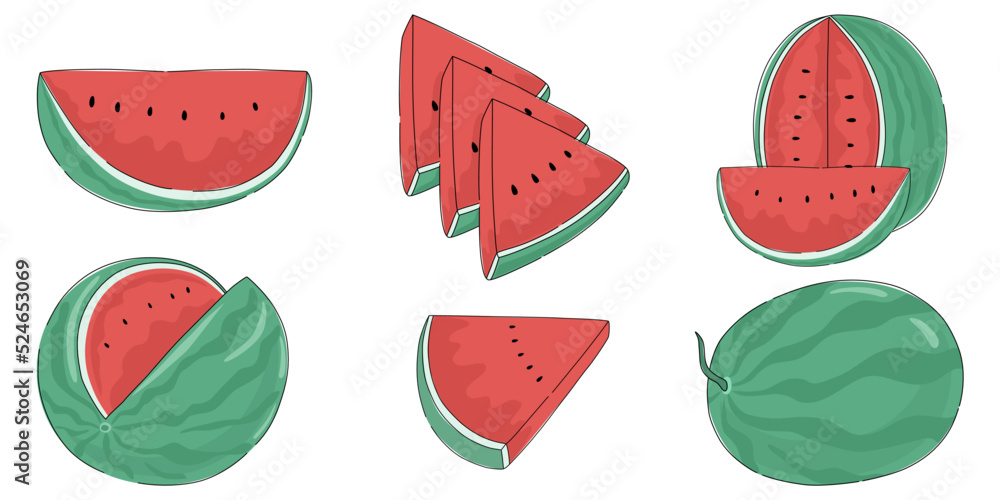 Watermelon vector set designed in doodle style on white background. for decoration, digital print, sticker, fruit illustration, fruit shop, card, art for kids and more Watermelon vector set designed in doodle style on white background. for decoration, digital print, sticker, fruit illustration, fruit shop, card, art for kids and more