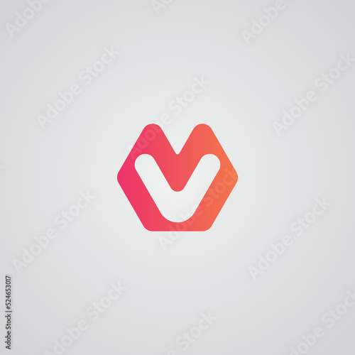 M V hexagon shape round letter logo design template.
