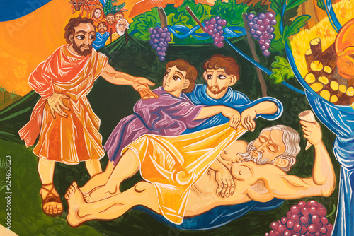 FORLÍ, ITALY - NOVEMBER 11, 2021:  The modern fresco Drunk and naked Nohah and his sons in the church Chiesa di San Giuseppe Artigiano by Franco Vignazia (2019).