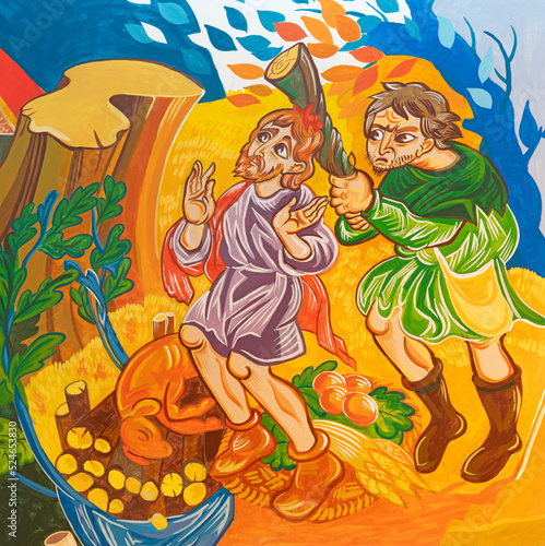 FORLÍ, ITALY - NOVEMBER 11, 2021:  The modern fresco Cain and Abel scene in t...