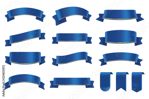 Set of Dark Blue Color Ribbons and Tags isolated on white background. 3D Vector Illustration.