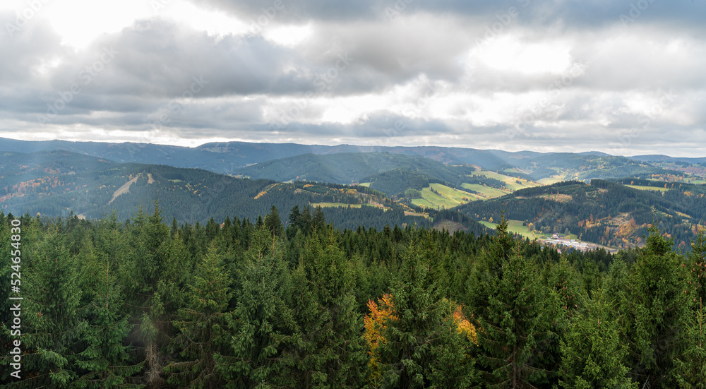 View from lookout tower on Milonova hill above Velke Karlovice village in Czech republic