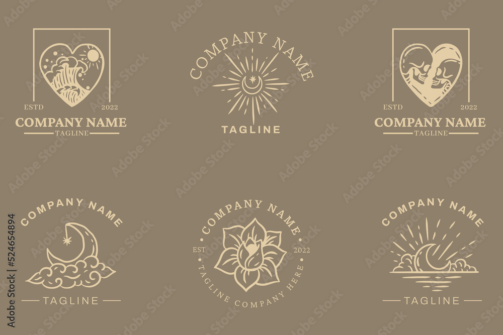 Minimalist Brown Logo Templates Set Mystical Collection Element On Gray.