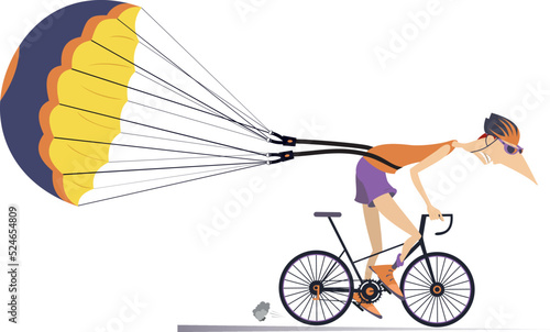 Hard training cyclist. 
Cartoon cycling man in helmet and sunglasses drags a parachute. On white background
