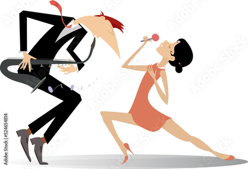 Saxophonist man and singer woman illustration. 
Man plays saxophone and singer woman sings to microphone with great inspiration
