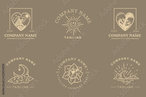 Minimalist Brown Logo Templates Set Mystical Collection Element On Gray.