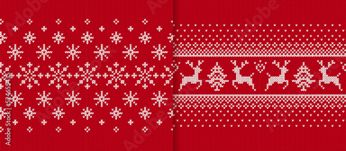 Christmas red textures. Knit seamless pattern. Knitted frames. Fair isle traditional ornament. Xmas print. Holiday background. Festive sweater border. Vector illustration.