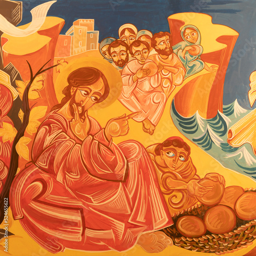 FORLÍ, ITALY - NOVEMBER 11, 2021: The detail of modern fresco of The Miracle ...