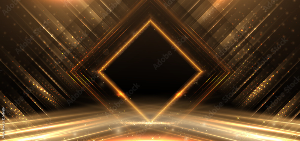 Elegant golden stage diagonal glowing with lighting effect sparkle on black background. Template premium award design.