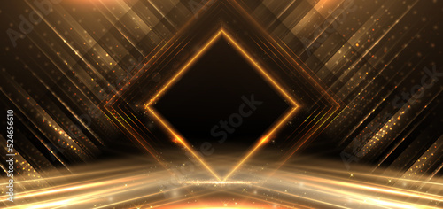 Elegant golden stage diagonal glowing with lighting effect sparkle on black background. Template premium award design.