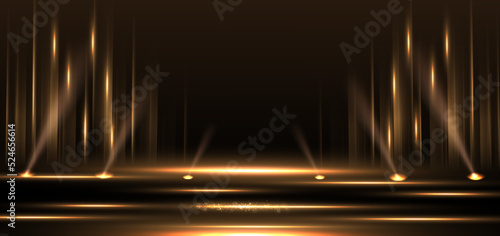 Elegant golden stage vertical glowing with lighting effect sparkle on black background. Template premium award design.