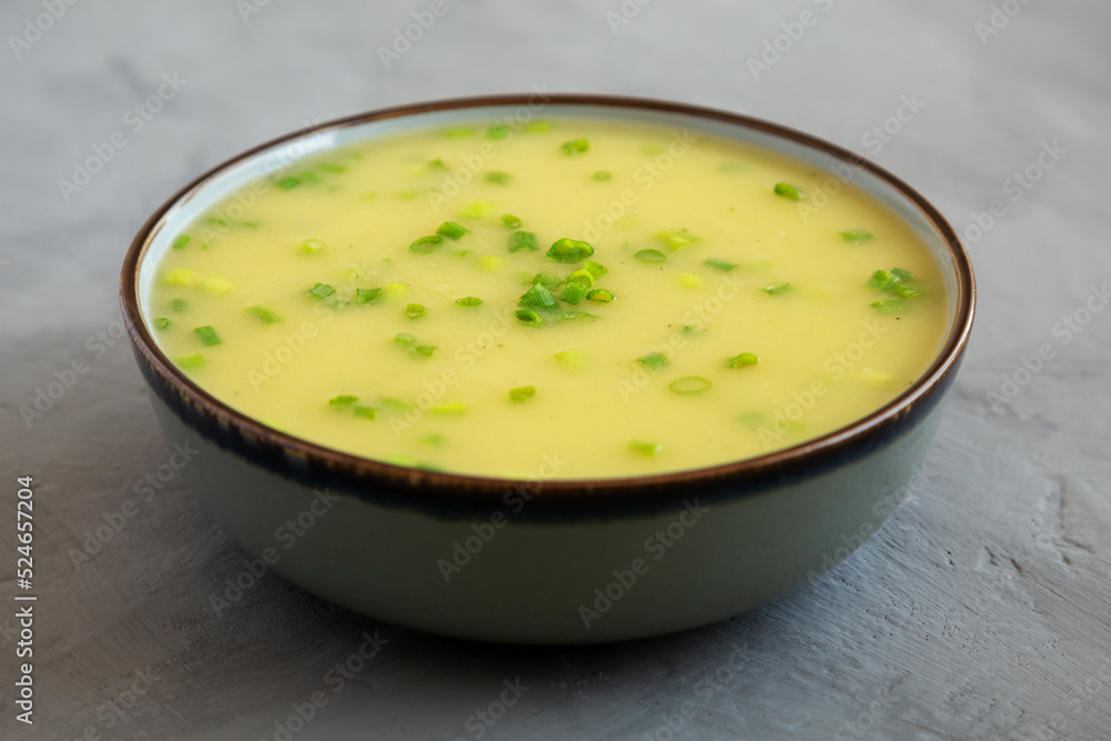 Homemade Potato Leek Soup in a Bowl on a gray background, side view.