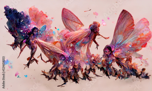 Abstract fantasy fairies with ornate wings flying in magical forest photo